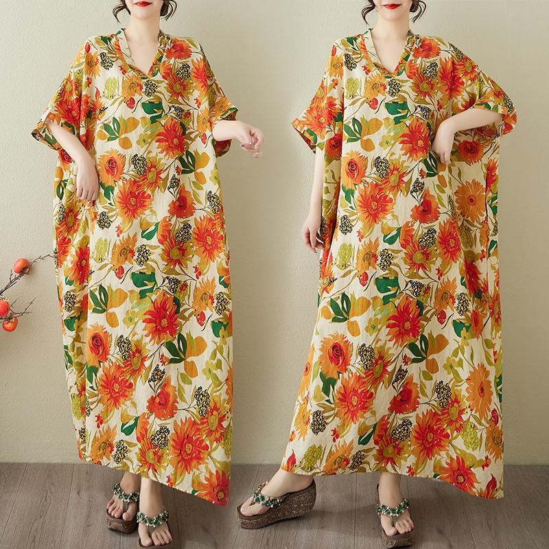 Dimanaf Verão 2025 Tamanho Grande Novo Vestido Mulheres Vintage Longo Casual Solto Básico Estampado Decote V Vestido Maxi