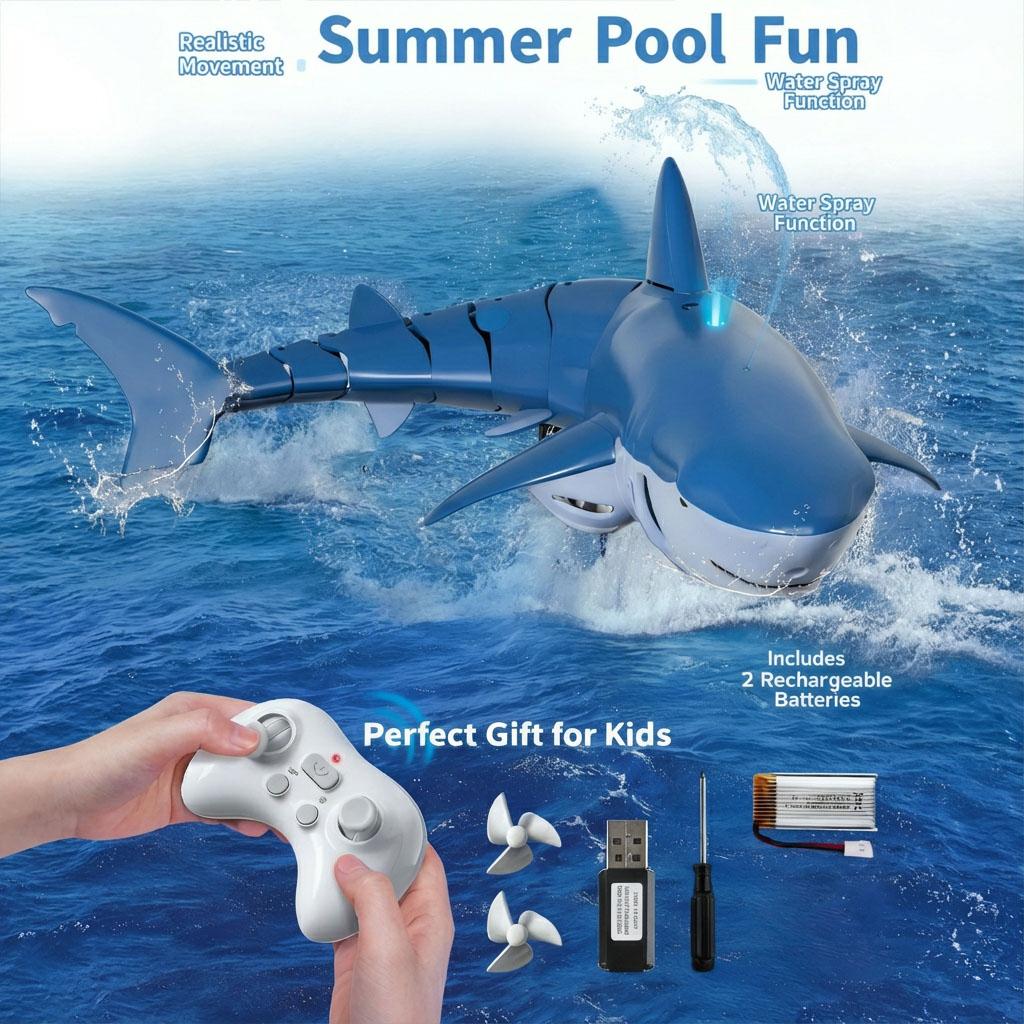 

Іграшка-акула з дистанційним керуванням, водяним розпилювачем та світлодіодним підсвічуванням, реалістичний RC-човен 2.4G для басейну, ванни, літній подарунок для дітей