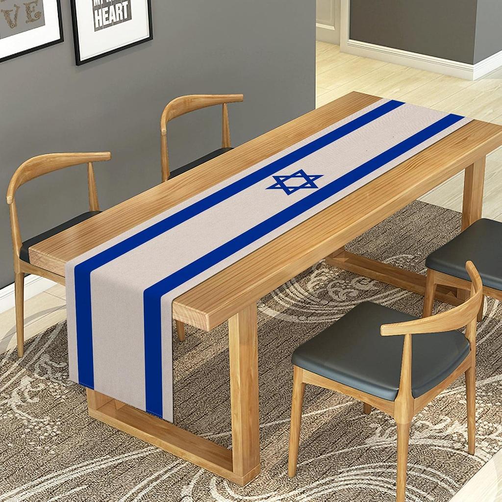 Linen Israel Flag Table Runner Je Table Decoration for Passover Rosh Hashanah Sukkot Sukkah Kitchen Dinning Room Party Decor (13" x 72")