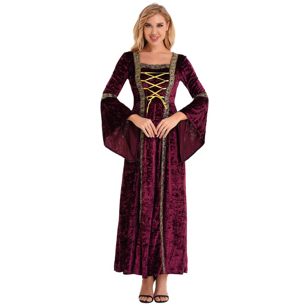 Robe Vintage rétro médiévale pour femmes, manches évasées, à lacets, Costume de sorcière Cosplay d'halloween