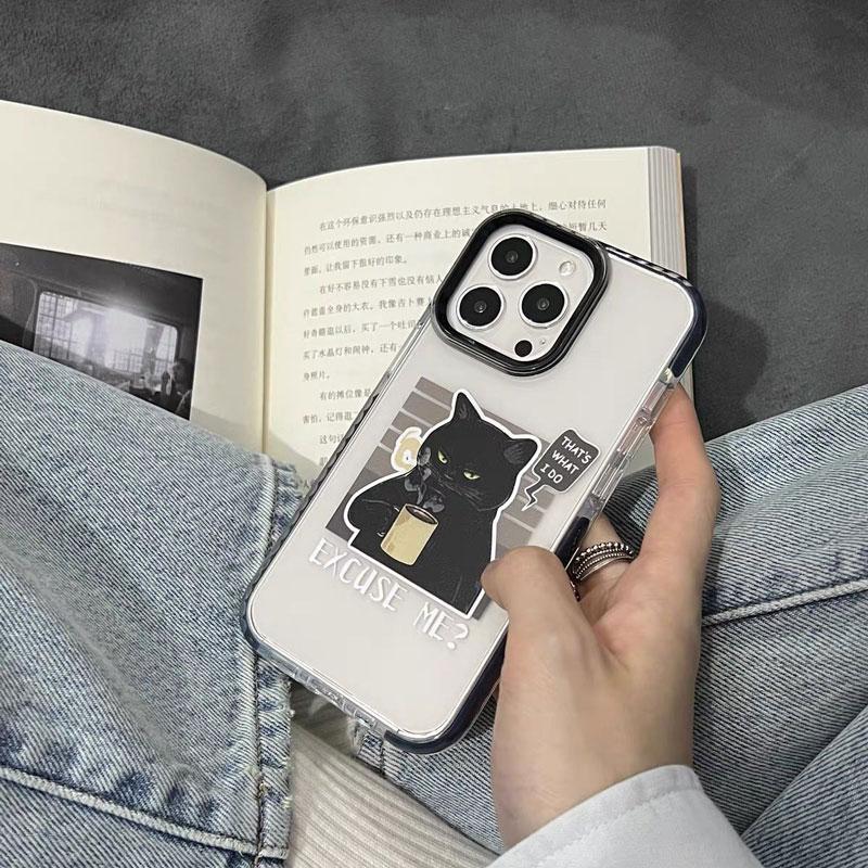 Drinking Coffee Black Cat Phone Case For iPhone 16 15 14 13 12 11 Pro Max XR XS 7 8 Plus Transparent Shockproof Silicone Cover