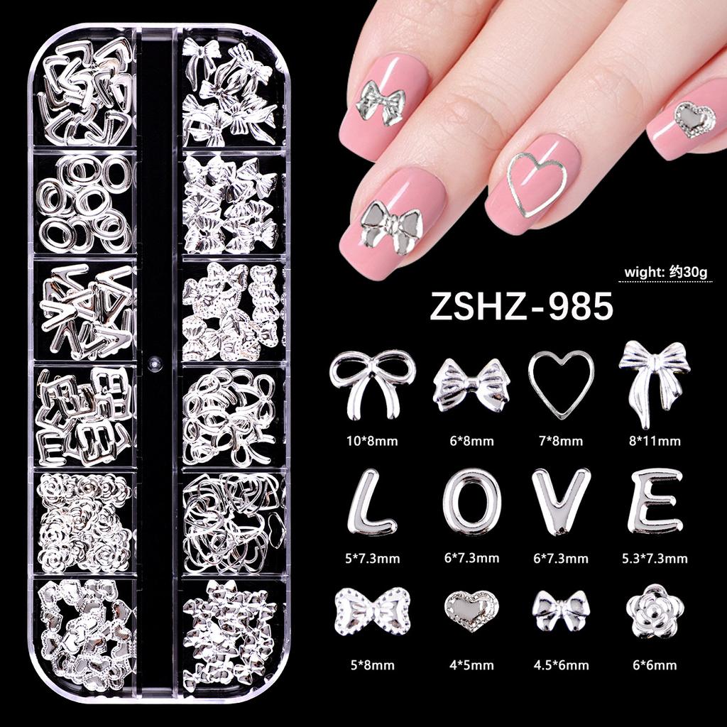 Japanese Bow Strip Box, Gold And Silver Nail Art Rivets, Half A Piece, Round Beads, Small Rice Grains, Butterfly Metal Nail Patch.