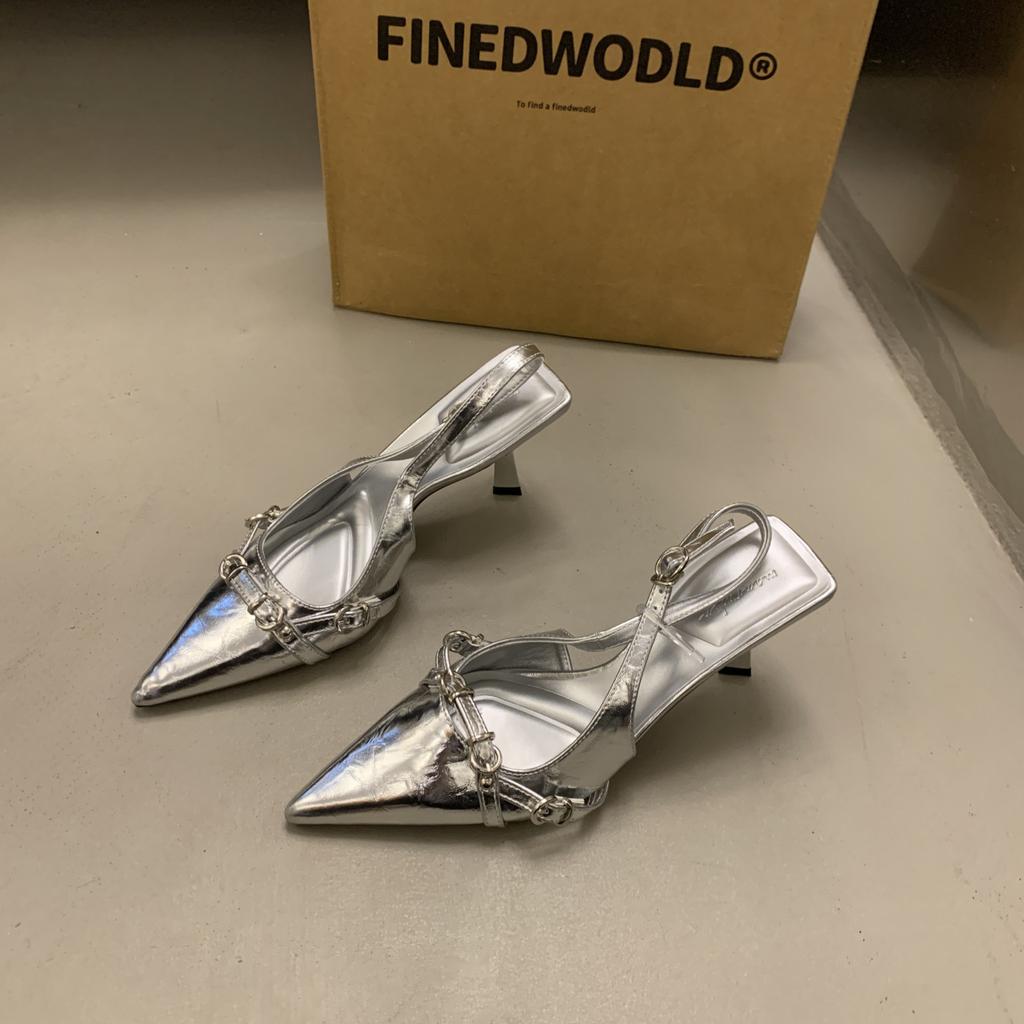 Baotou high-heeled sandals shallow mouth spring 2025 new rear empty thin heel temperament celebrity pointed single shoes women's shoes