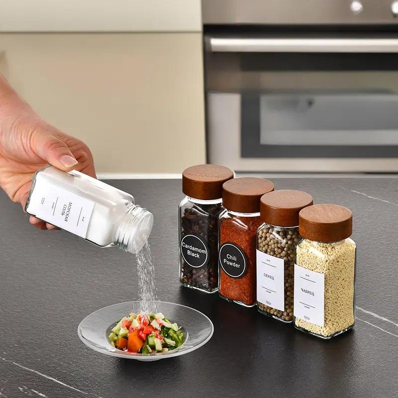 12Pcs Square Glass Spice Jars Set with Bamboo Lids, 4oz Airtight Seasoning Containers with Labels, Funnel, and Brush - Transparent Condiment Pots