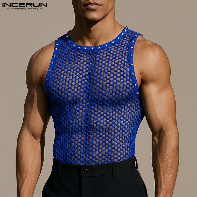 INCERUN Herren Ärmellos Durchsichtig Nieten Patchwork Lässige Tanktops