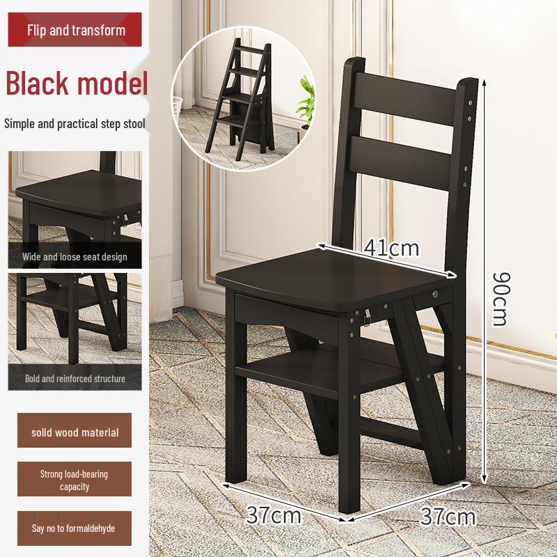 Solid Wood Reversible Three-Step Folding Ladder Stool for Indoor Use