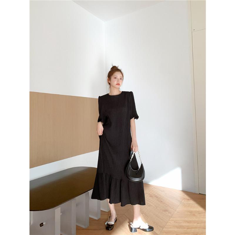 Dimanaf 2025 Summer Plus Size Dress Women Casual Vintage Short Sleeve Long Dress Loose Basic Cotton Black Dress