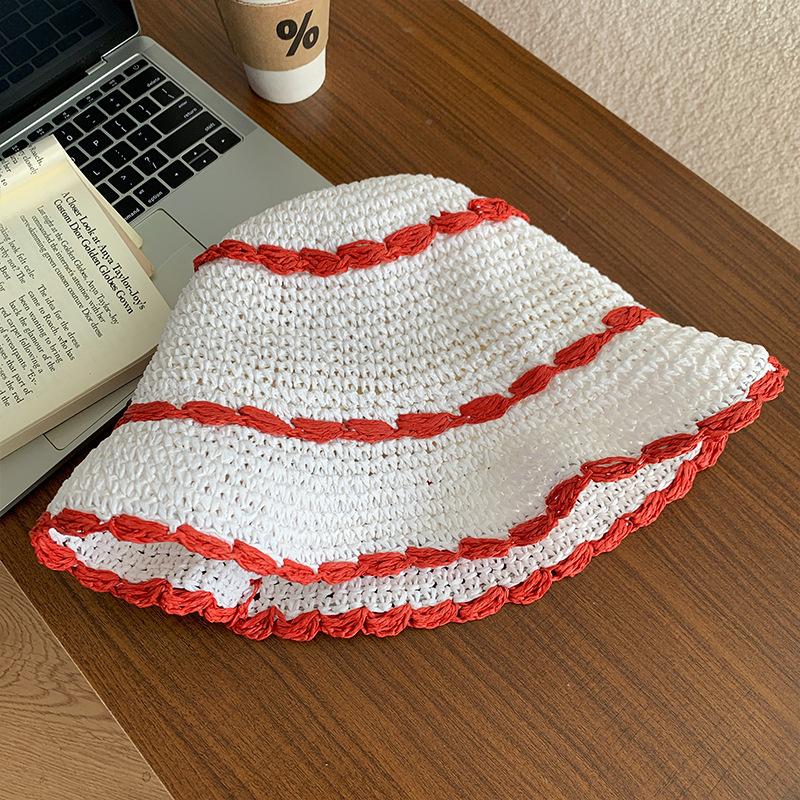 Straw Bucket Hat Women's Summer Hollow Breathable Straw Hat Summer Sun Hat Big Head Circumference Sun Protection Bucket Hat Tide