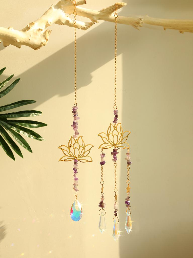 2 Pcs Crystal Sun Catcher Lotus Pink Purple Hanging Decor Rainbow Maker Suncatchers Crystals Stained Glass Garden Outdoor Decors