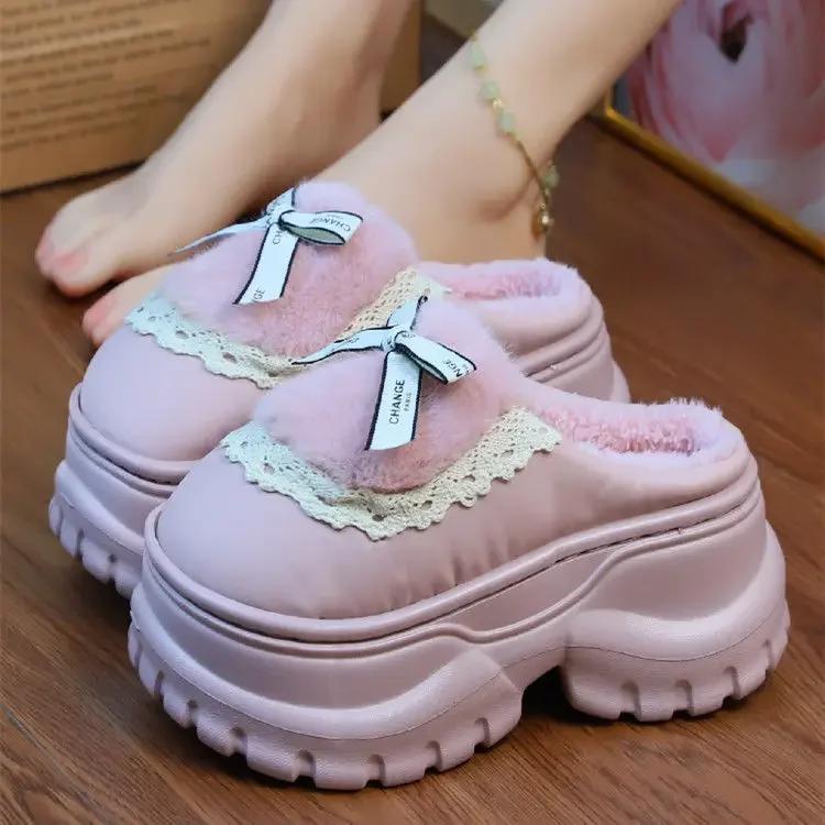 Fashion Winter Furry Women Waterproof Mules  Cotton Slippers Girl Bow Tied Furry Slippers Home Platform Warm   Slippers Ladies