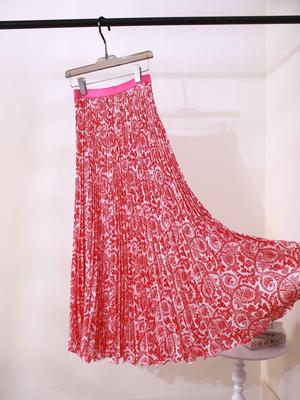 European & South African Retro Print Pleated Midi Skirt: Classic, Versatile, & Elegant