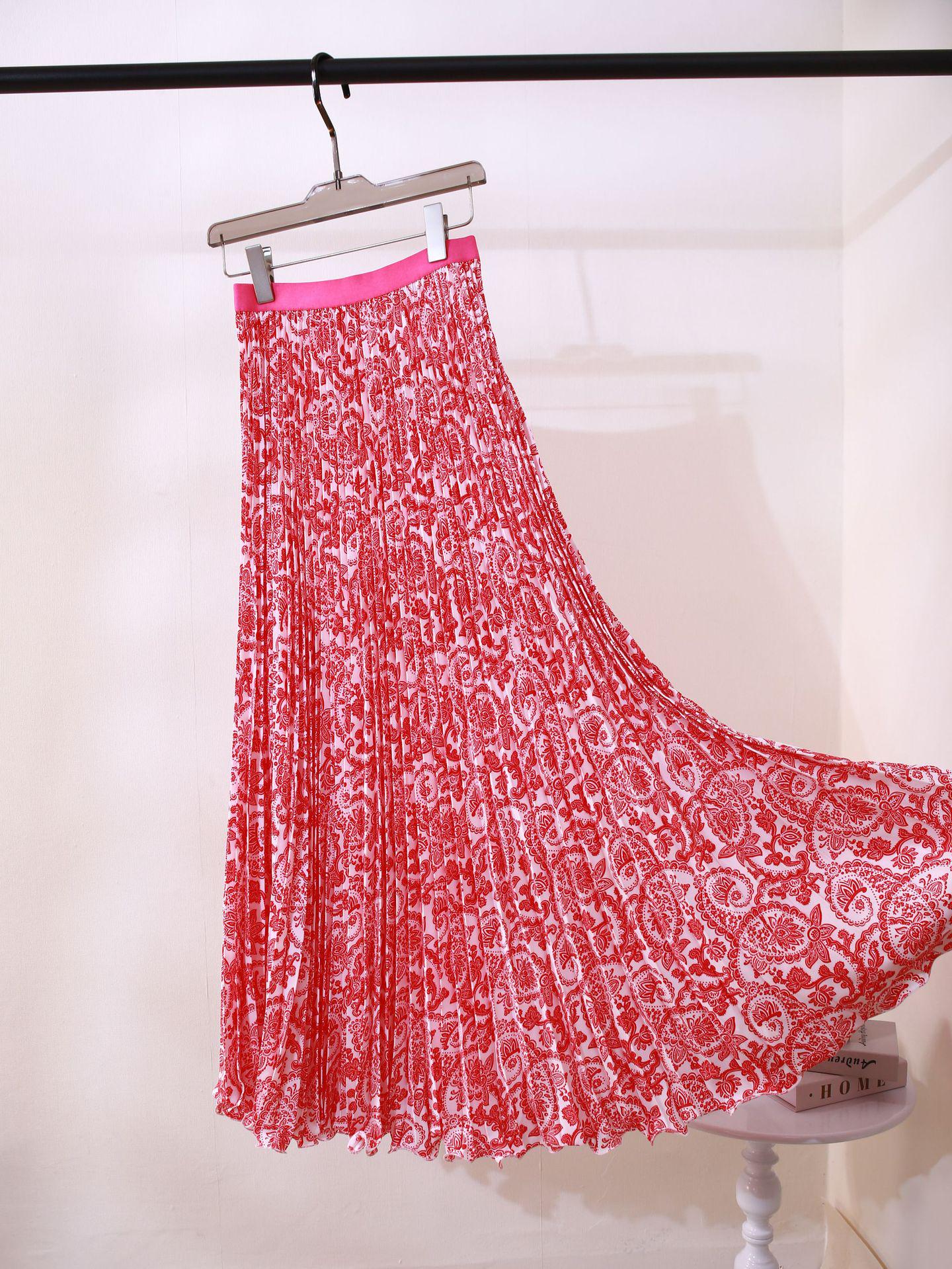 

European & South African Retro Print Pleated Midi Skirt: Classic, Versatile, & Elegant One Size рожевий