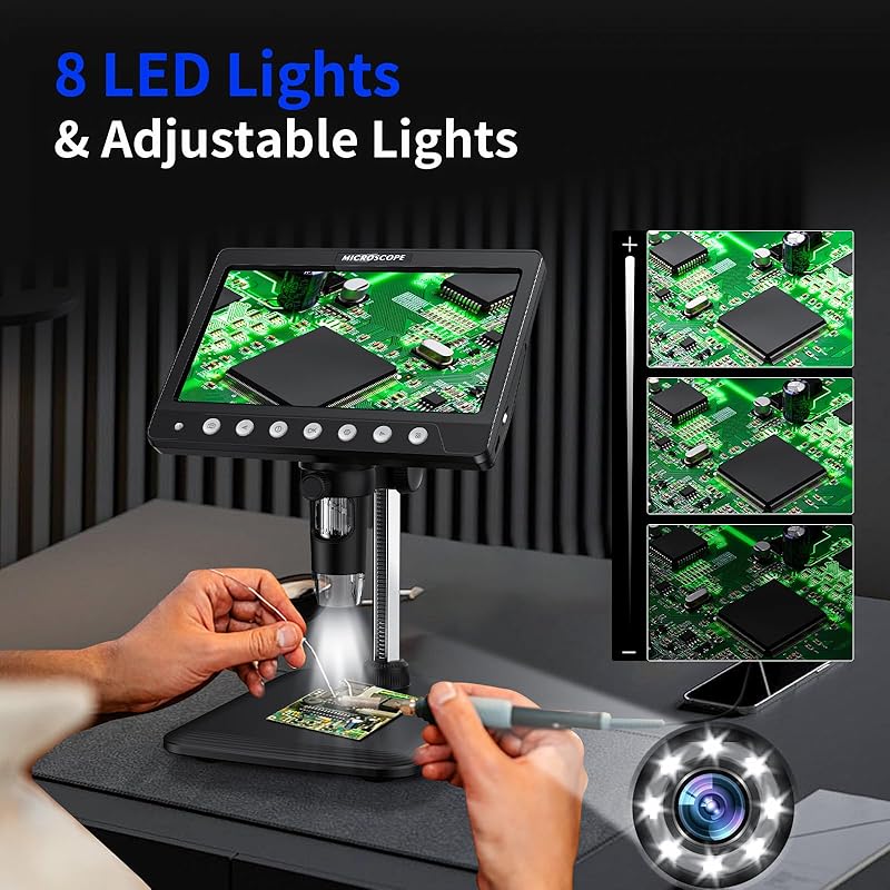 7Inch IPS Digital Coin Microscope 5MP 1200X Ultra-Precise Focusing Camera 1080P Video Microscope 8 LED Lights for Coin Circuit