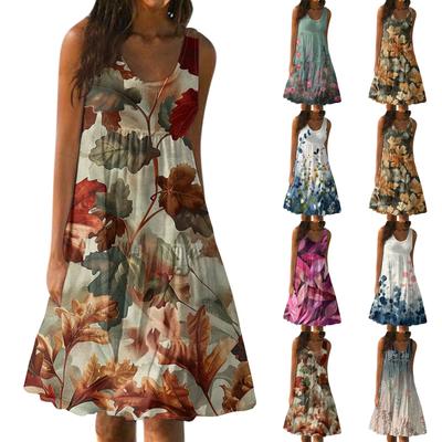 Sommermode für Damen, ärmellos, bedruckt, lockeres Spleißen, lässiges Strandkleid