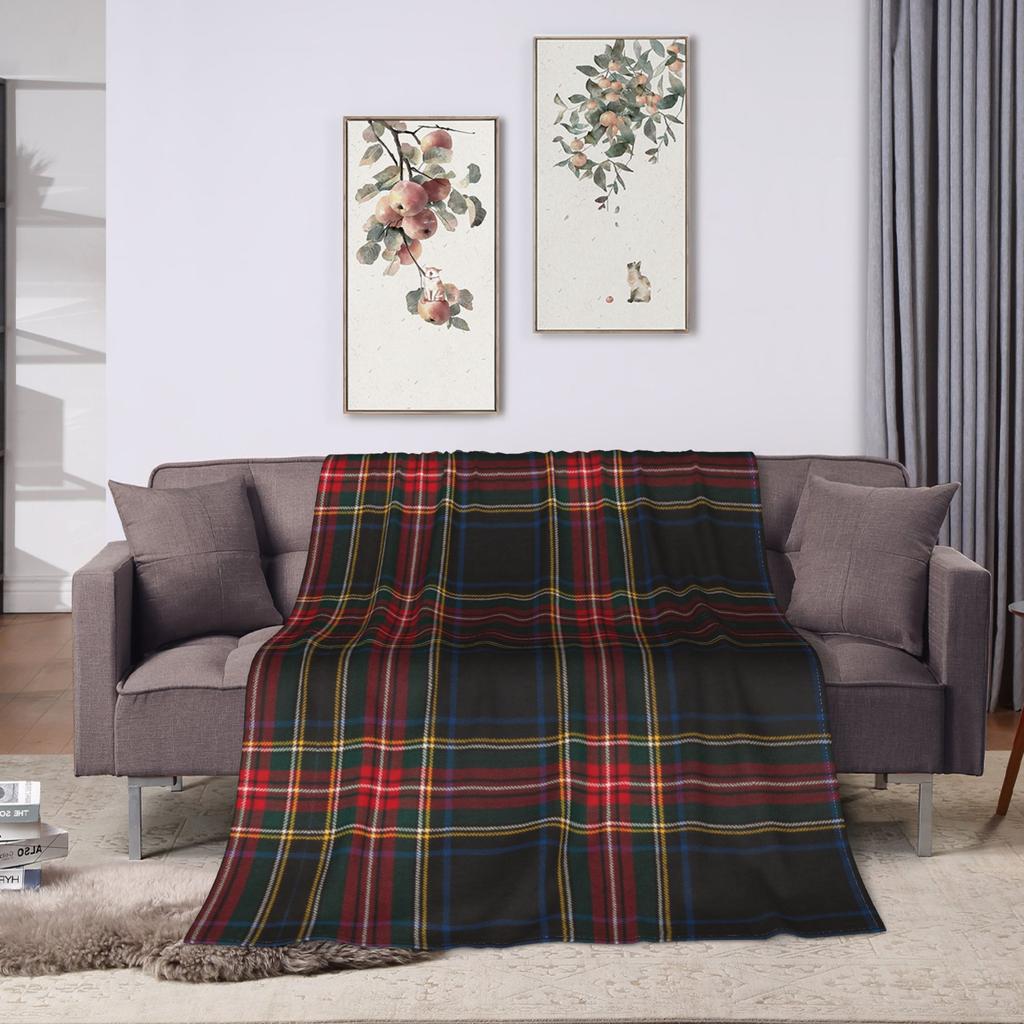 Plaid Stewart Black Tartan Blanket Flannel Decoration Portable Lightweight Thin Throw Blanket for Bed Bedroom Rug Piece
