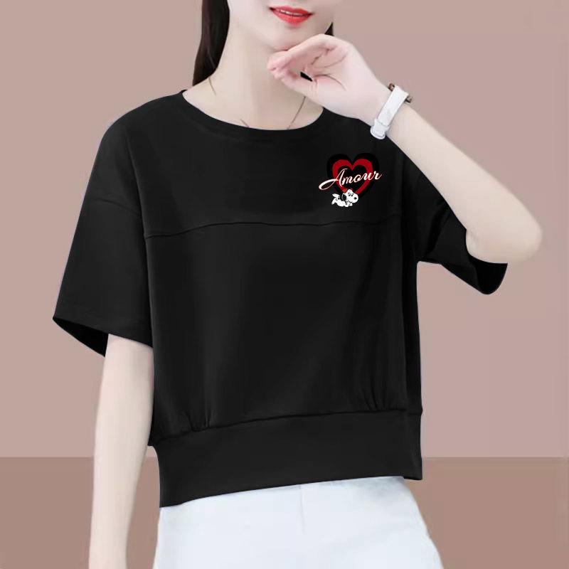 

Women s Petite Cotton Short-Sleeve Letter Print T-Shirt: Trendy, Loose, Short, Slim Fit - Ideal Base Layer for Summer 3XL (135-145 lbs) чёрный