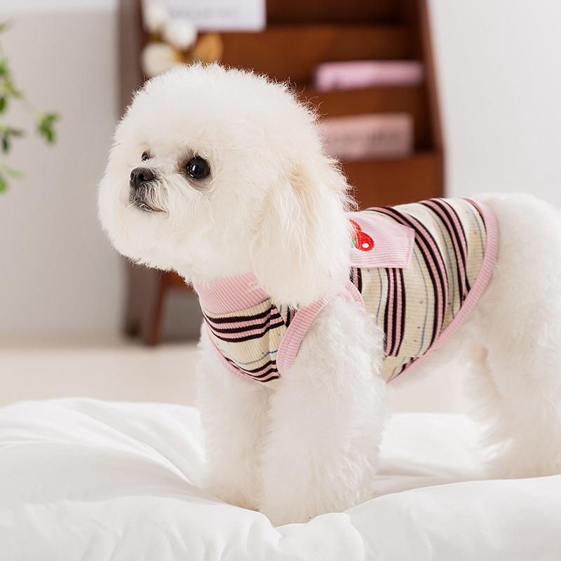 Cherry Embroidery Color Dot Striped Vest Small Dog Puppy Cat Summer Two Feet Sleeveless Pet Dog Clothing