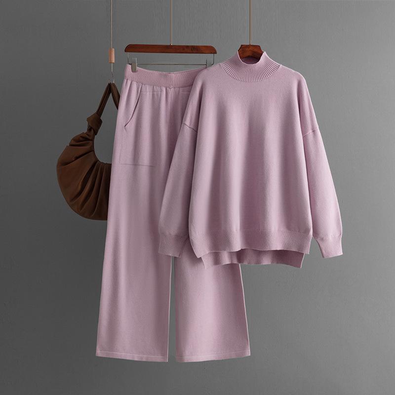 Solid Color Knitted Semi-turtleneck Slit Sweater Set Women's Autumn and Winter New Large Size Casual Knitted Sweater Two-piece Set