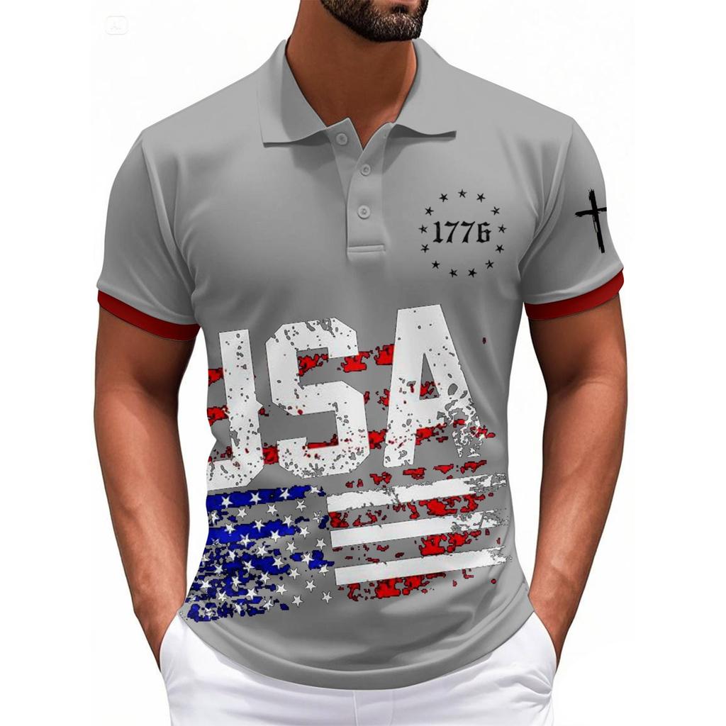 Modisches Herren-Freizeit-Oberteil mit Unabhängigkeitstag-Print am Hals und kurzen Ärmeln