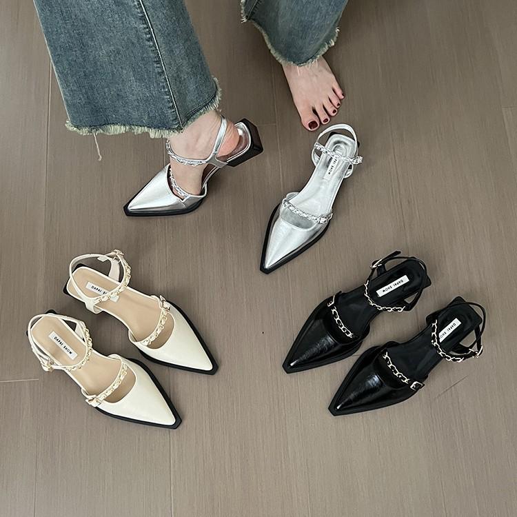 Fashion Empty Mary Jane leather shoes for women 2 one-line chain high heels summer wear pointed high heel sandals