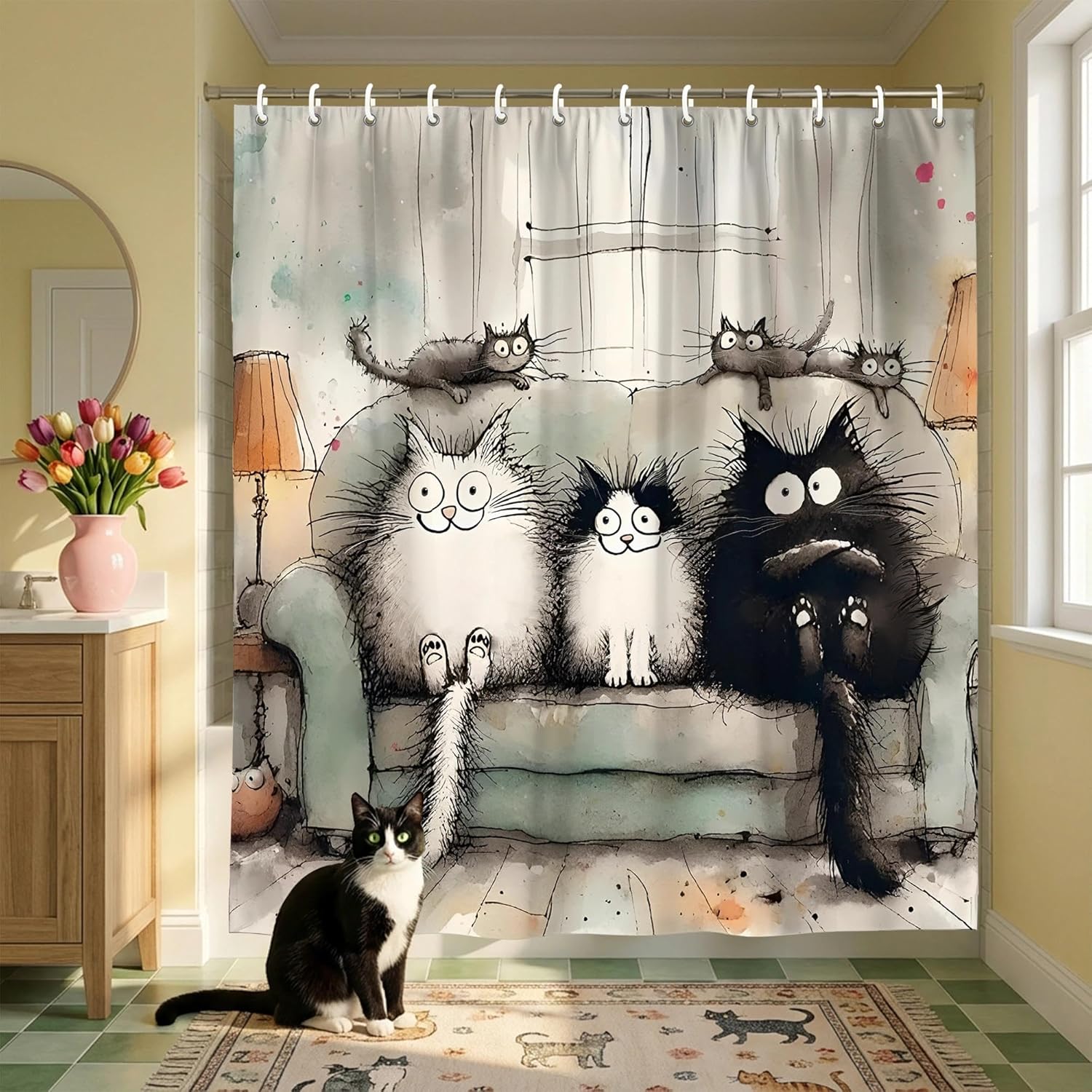 

Kawaii Cartoon Cat Printed Shower Curtain Cute Funny Animal Artwork For Kids Women Bathroom W60H190(CM)-1 Pcs