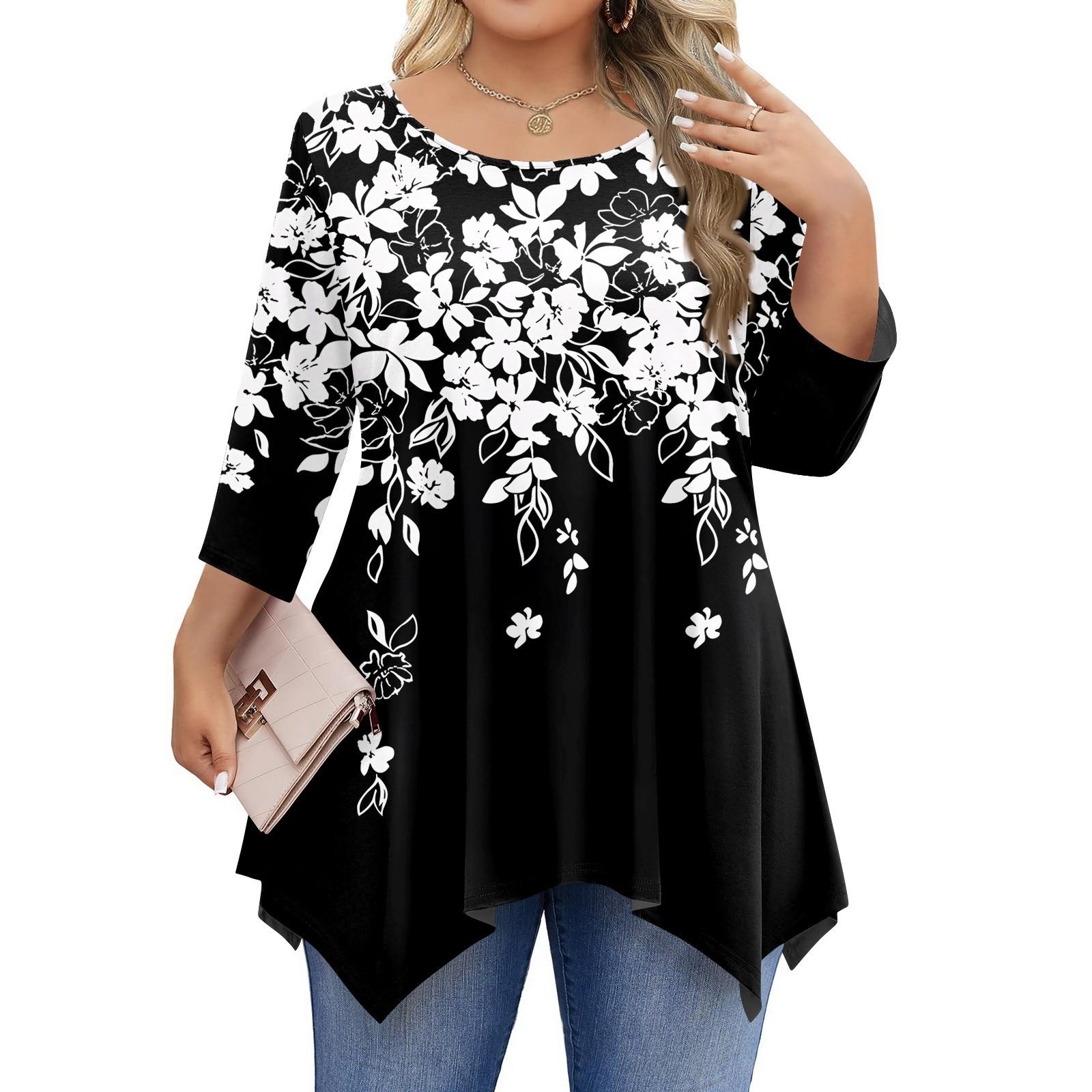 

Женские рубашки с рукавом 3/4 больших размеров, туники с круглым вырезом, базовые футболки свободного кроя, размеры L-5XL XXL чёрный