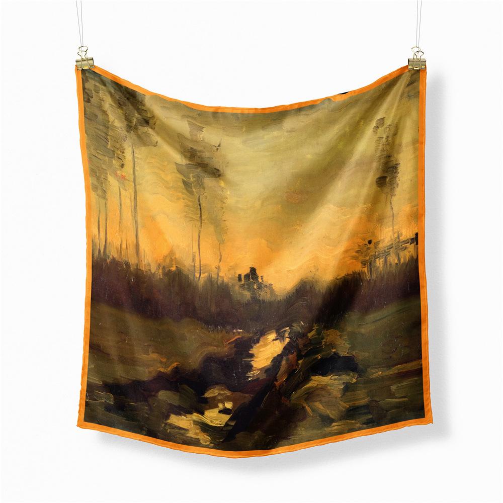 Famous Oil Painting Twill 100% Silk Scarf Fashion Bandana Women Scarf Wraps 53cm Square Scarves Hijab Head Scarf Neckerchief