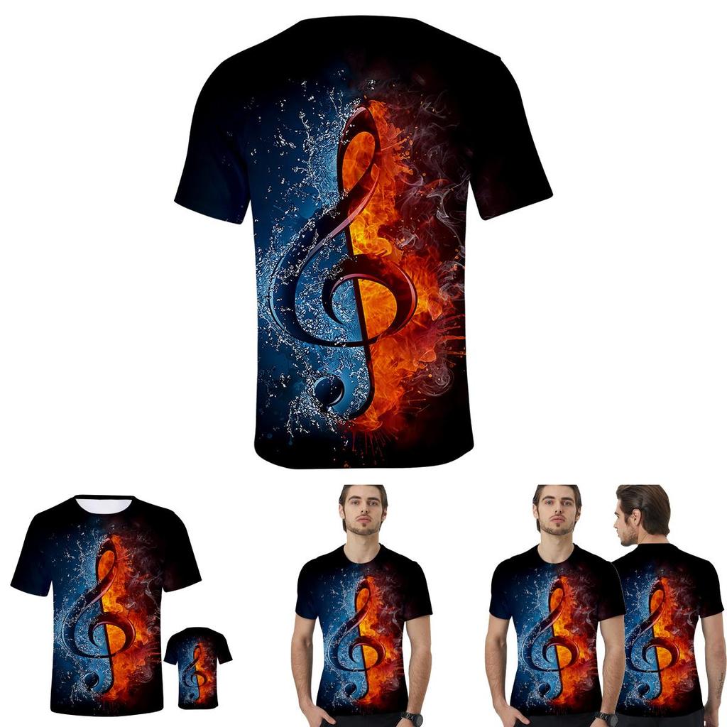 Stylish Mens Ice Fire Music Note 3d Printed Short-sleeved O-neck Casual Tee