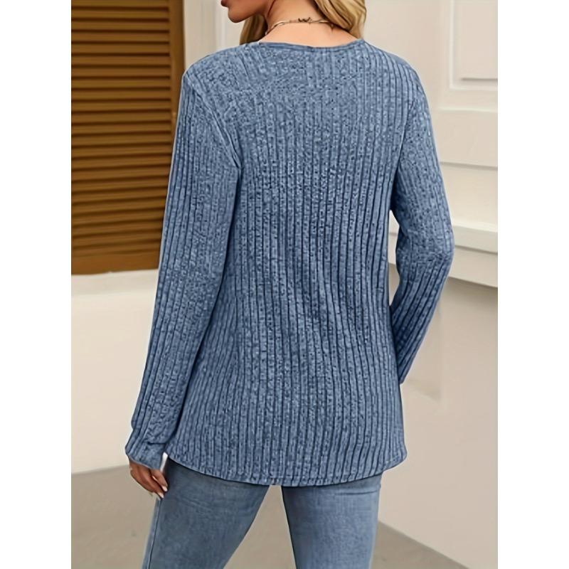 1pc Comfortable Ribbed V-Neck T-Shirt Set for Women - Soft Long Sleeve Tops, Casual Crew Neck Style with Button Detail, Polyester Knit Fabric