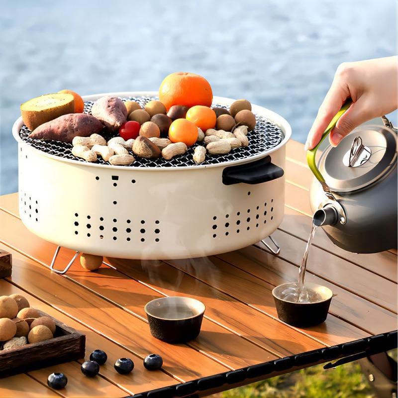 Round Charcoal Outdoor BBQ Grill with Enclosure for Camping & Tea Brewing