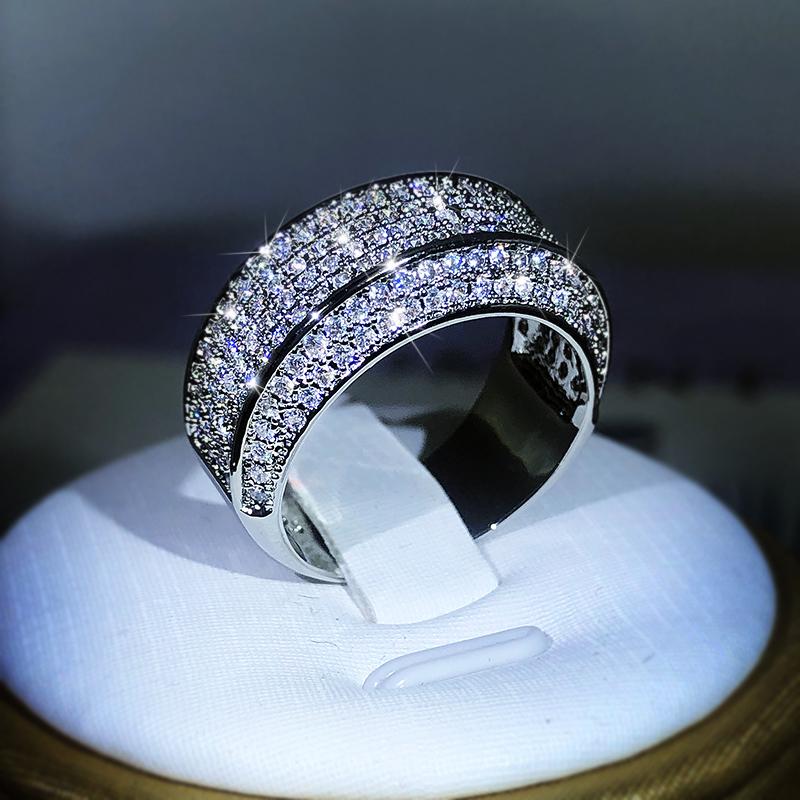 Luxury Exquisite White Zircon Full Diamond Ring For Ladies Couple  Sterling Silver Fashion Ring Party Birthday Jewelry Gift