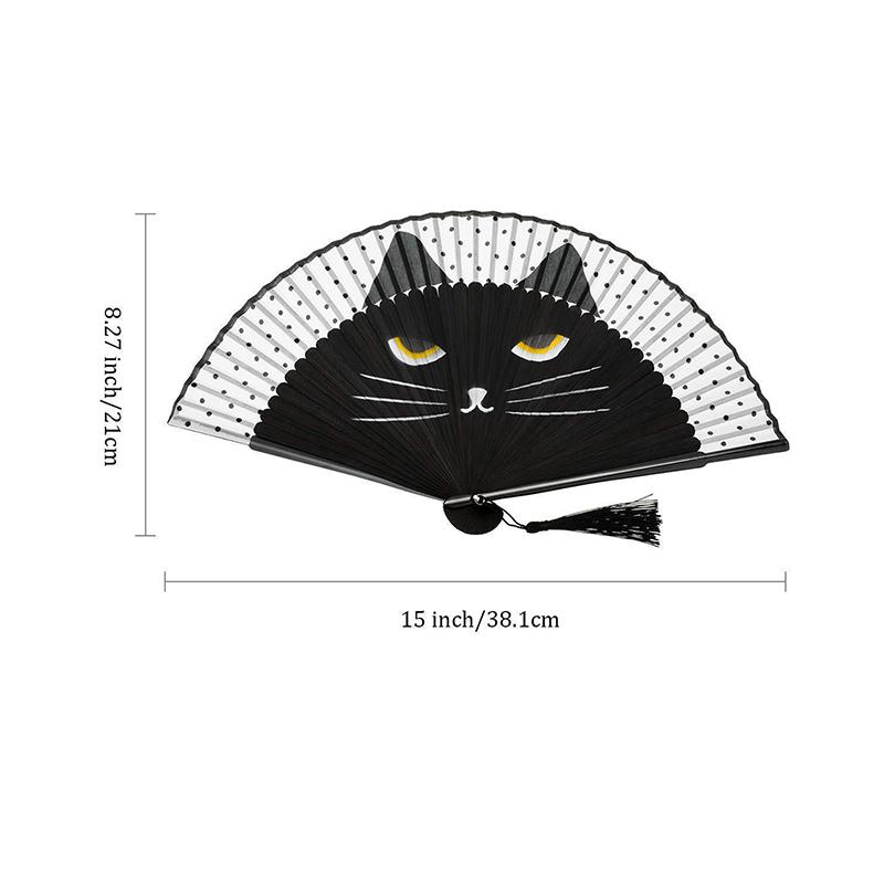 1 Piece Cat Pattern Bamboo Folding Fan For Women Cute Cartoon Cat Hand Fan Kimono Bathrobe Hand Fan Crafts Decoration