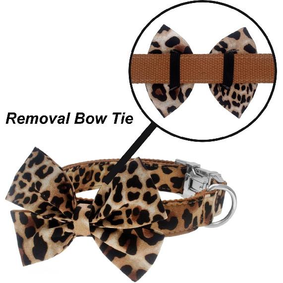 Dog Collar with Bow, Cotton & Webbing, Detachable Bowtie Dog Collar, Adjustable Dog Collars and Leash for Small Medium Large Dogs (S, Leopard Print)