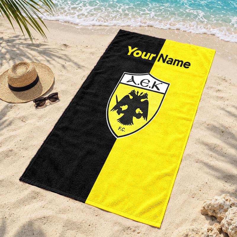 AEK Athens Custom Name Beach towels also serve as bath towels summer essential a musthave for the outdoors the beach and the pool