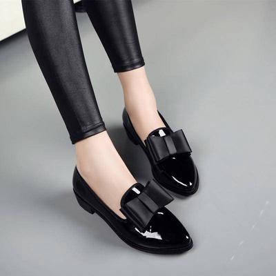 Women's British Style Leather Shoes, Pointed Toe Solid Color Bowknot Low Heel Flat Single Shoes for Ladies