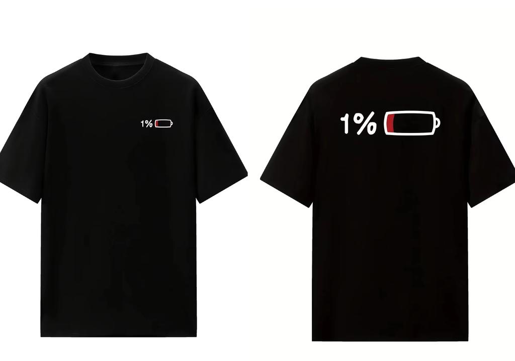 2026 Summer Men's and Women's Casual Elegant Loose T-Shirt with 1% Battery Pattern Print - Black Round Neck Short Sleeve