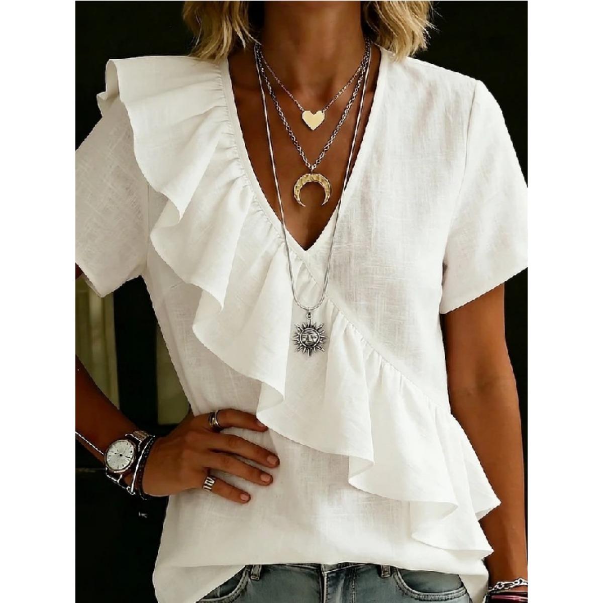 

Women s Fashion Short Sleeve Top Solid Color V-neck Ruffle European American Style Beach Holiday Blouse S белый