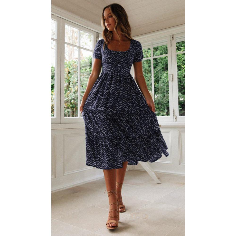 Women's Fashion Summer Spring Floral Print Short Sleeve Square Collar High Waist Casual Dresses