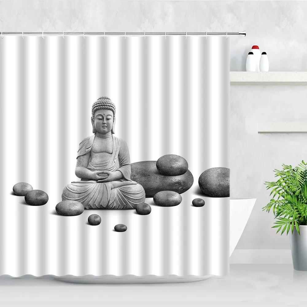 Zen Green Bamboo Shower Curtains Stone Buddha Lotus Candle Asian Japanese Spa Garden Scenery Bath Curtain Fabric Bathroom Decor