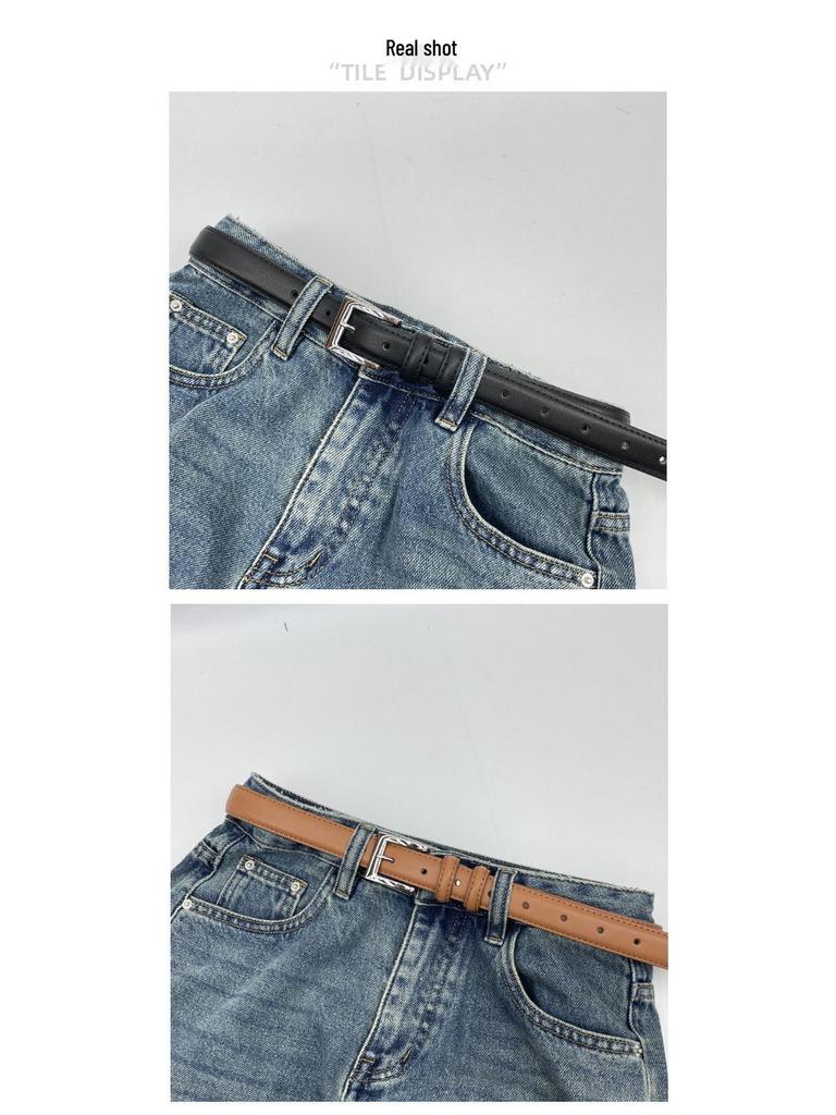 Retro Korean Style Women's Black Leather Belt with Silver Pin Buckle