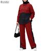 ZANZEA Damen Langarm Patchwork Bluse und Hose Lässige Zweiteilige Anzugsets
