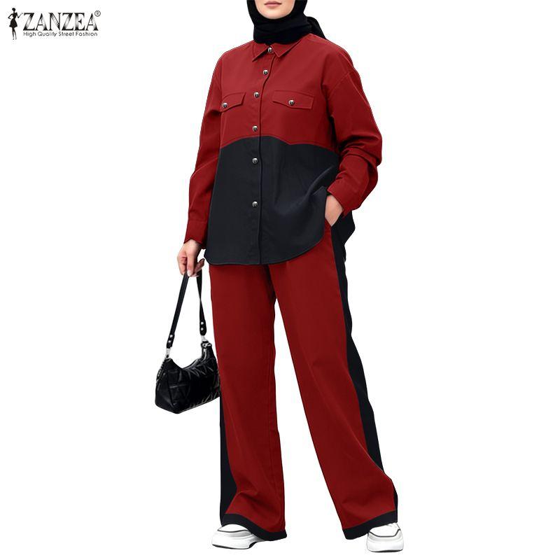 ZANZEA Damen Langarm Patchwork Bluse und Hose Lässige Zweiteilige Anzugsets