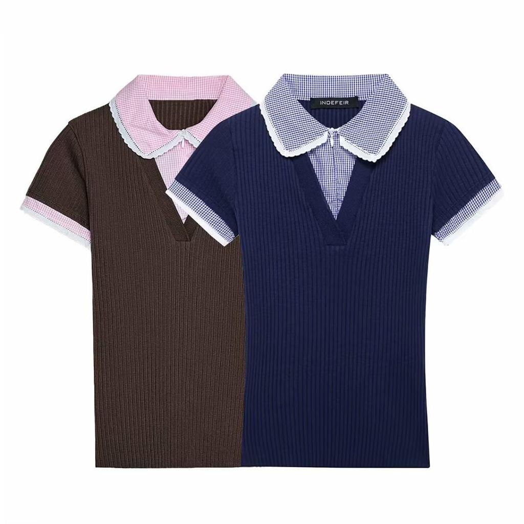 2025 European & American Style Women's Spring Ribbed T-Shirt with Turn-Down Collar