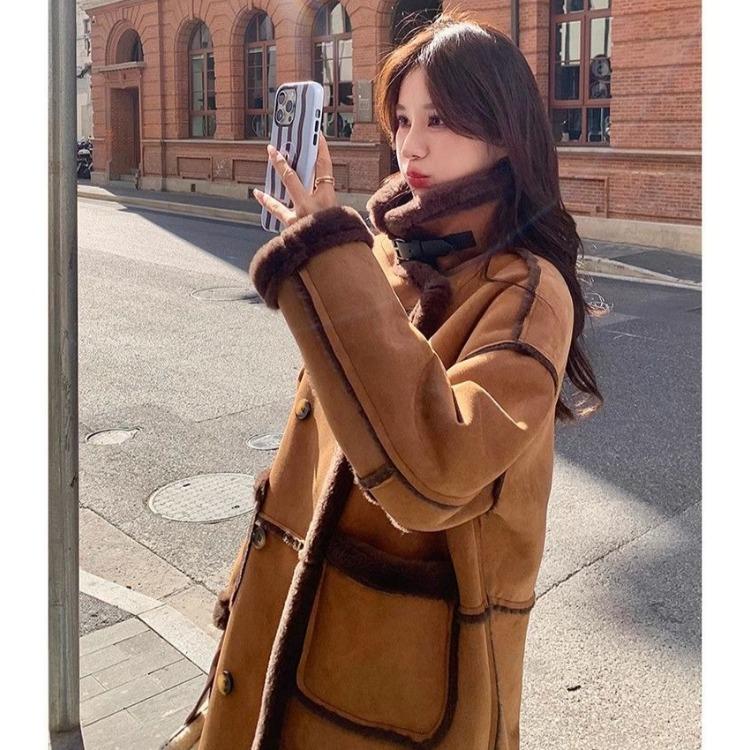 Korean Style Winter Lamb Fur Loose Coat for Women Thick Warm Long  Fleece Lined Jacket
