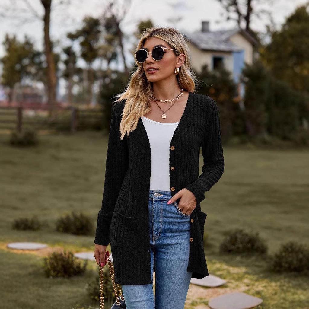 Women's Solid Color Buttoned Cardigan - Striped, Sanded, Long-Sleeve (2024 Autumn/Winter)