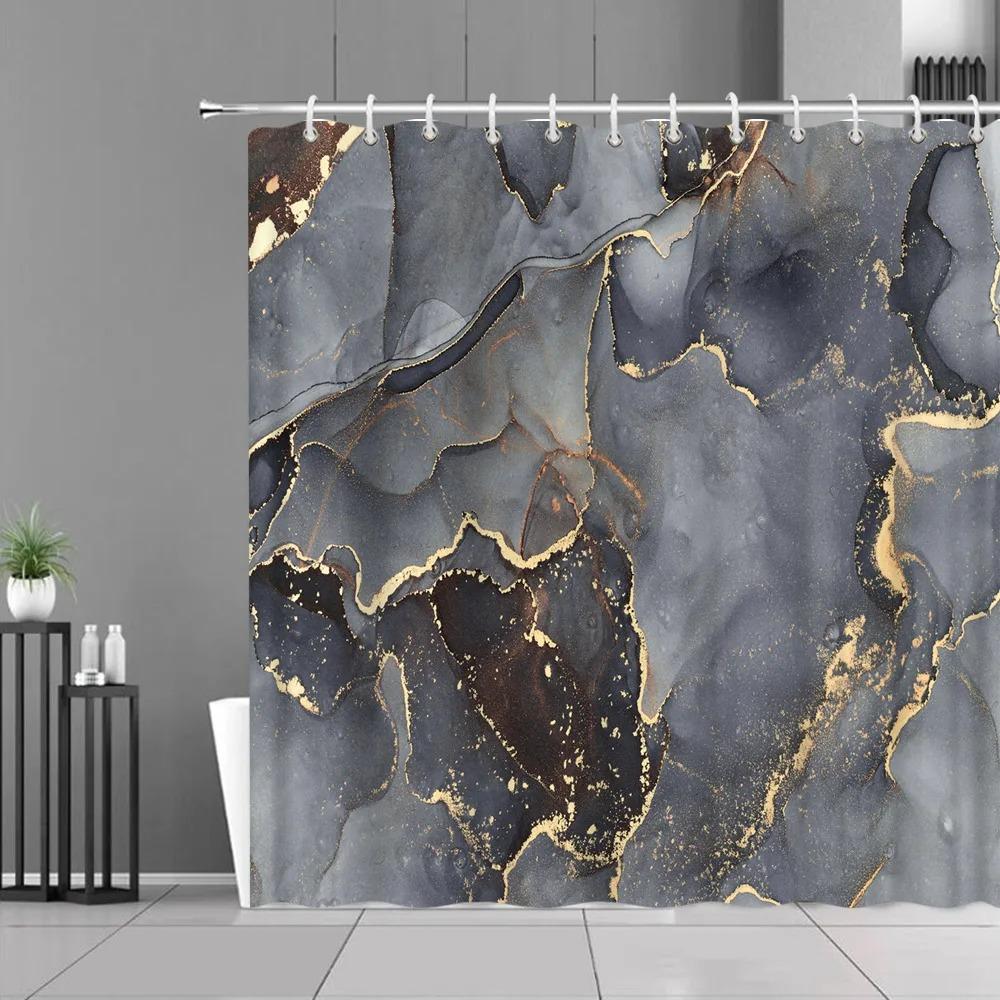 Blue Gold Marble Shower Curtains Golden Cracked Lines Abstract Modern Home Washable Polyester Fabric Bath Curtain Bathroom Decor