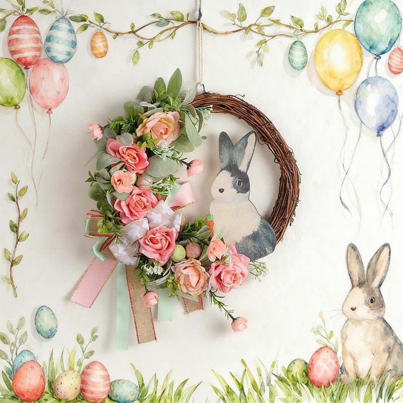 Easter Bunny Wreath With Ribbon | Artificial Plant Door Hanging Ornament for Home Party Decor, Polyester, Door Mount