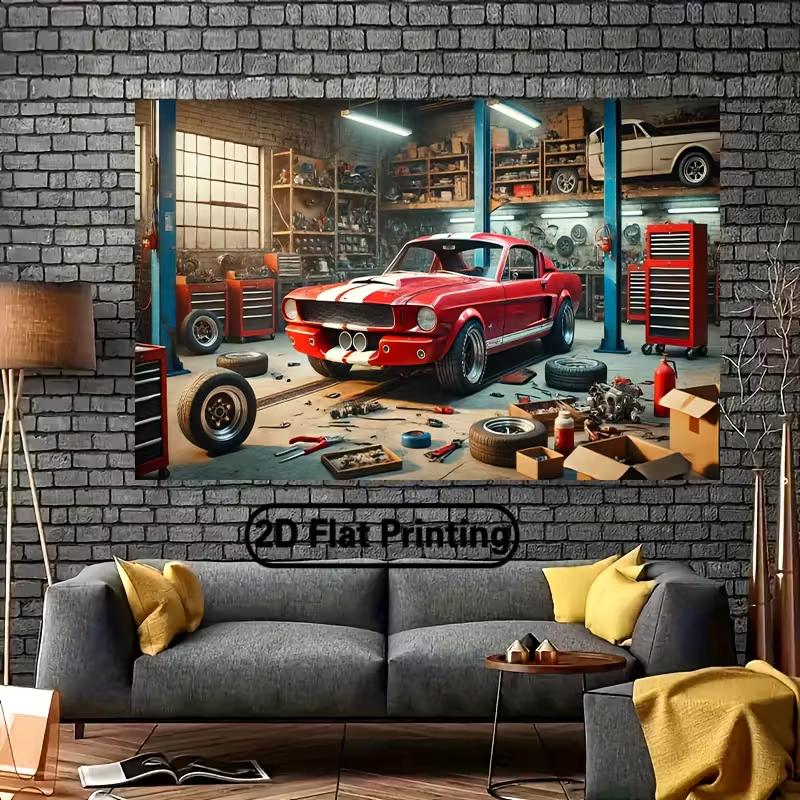 Ford Mustang Muscle Car Tapestry Retro Garage Workshop Wall Hanging