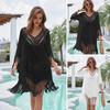 Beach Cover Up Dress V-Neck Woven Hollow Neckline Fringed Cuffs Hem Bikini Cover