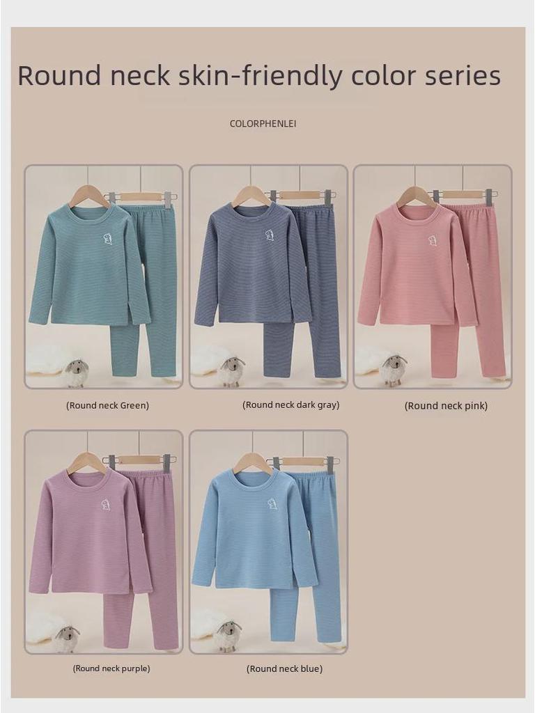 Barns Dubbelsidigt Plysch Termiskt Pyjamas Set - Höst Randig Överdel & Underdel för Pojkar och Flickor